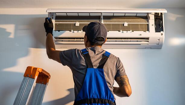 Professional air conditioner installation and maintenance by technician in uniform photo