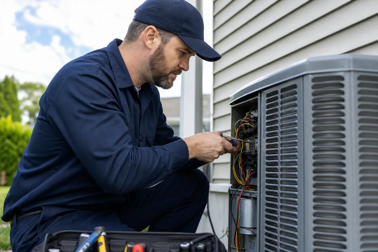 Professional HVAC technician repairing a home air conditioning unit